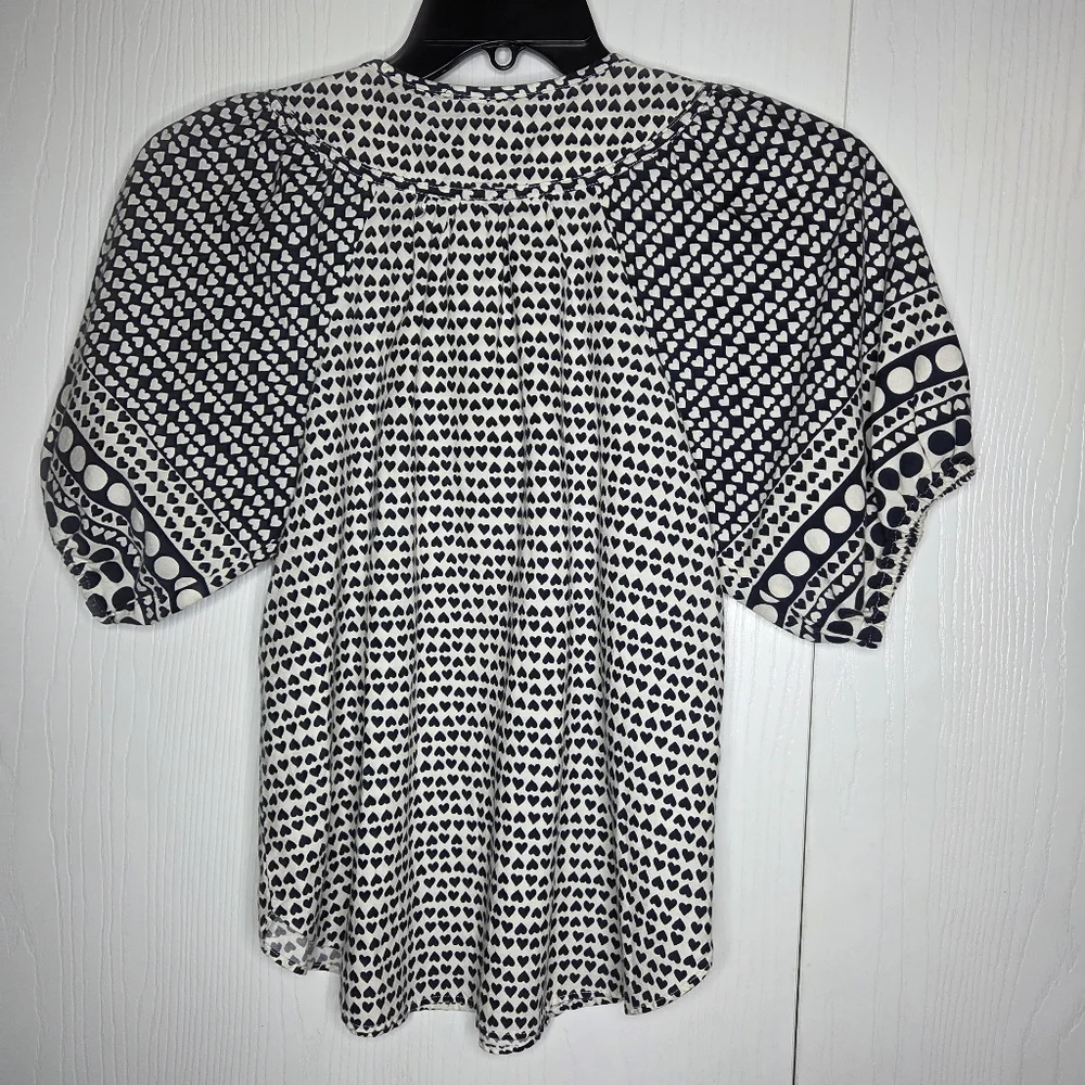LOFT Navy Blue & White Heart-Print Puff Sleeve Blouse-Size XS Petites